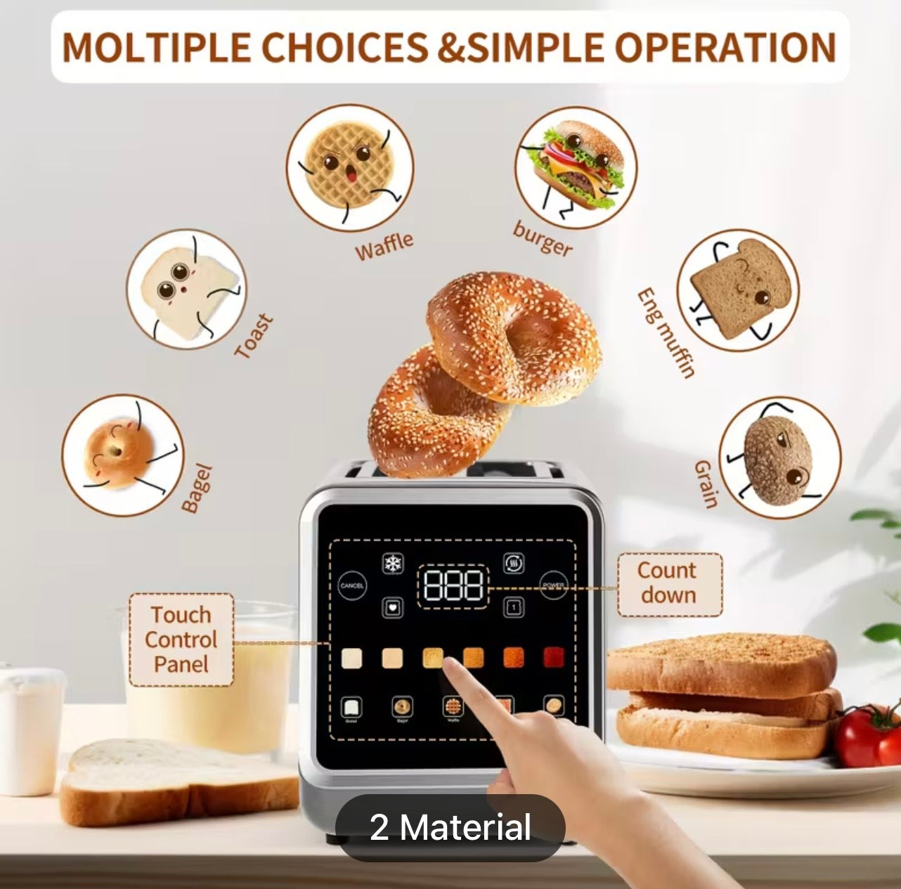 Smart Digital Toaster - 2-Slice with Touch Screen & 7 Shade Settings